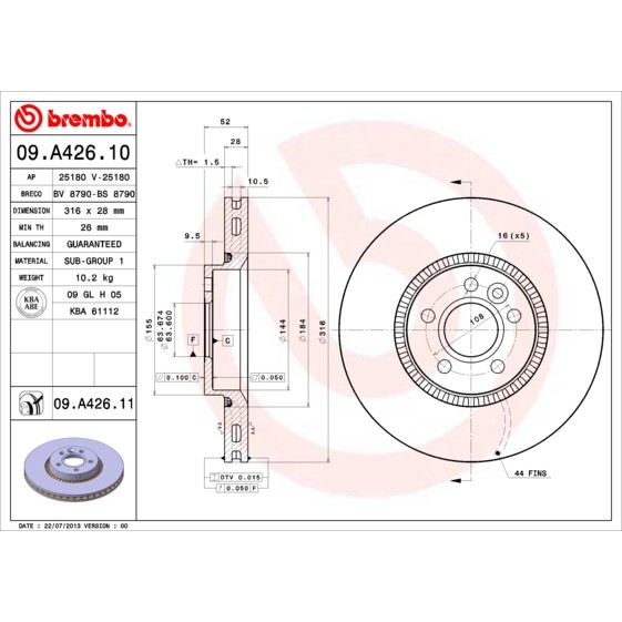 Слика на кочионен диск BREMBO COATED DISC LINE 09.A426.11 за Volvo S80 Saloon D5 - 215 коњи дизел