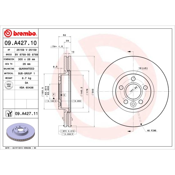 Слика на кочионен диск BREMBO COATED DISC LINE 09.A427.11 за Ford Mondeo 4 1.6 Ti - 125 коњи бензин