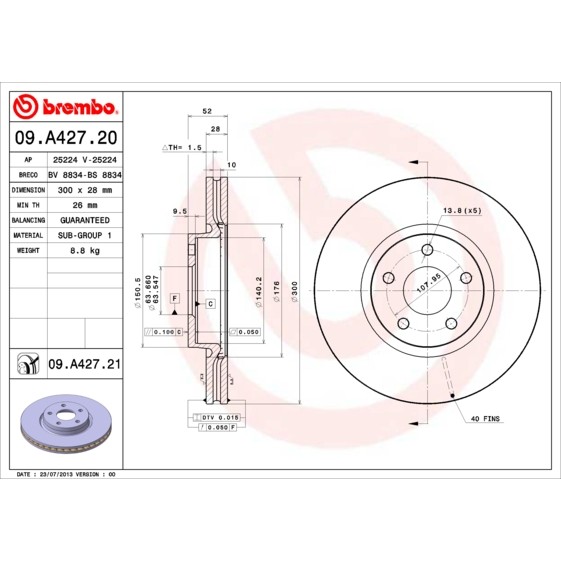 Слика на кочионен диск BREMBO COATED DISC LINE 09.A427.21 за Ford Mondeo 4 Turnier 2.0 LPG - 145 коњи Бензин/Автогаз (LPG)