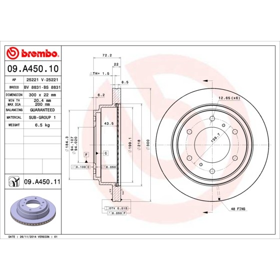 Слика на кочионен диск BREMBO COATED DISC LINE 09.A450.11 за Mitsubishi Shogun (V60,V70) 2.5 TDi (V64W, V74W) - 99 коњи дизел