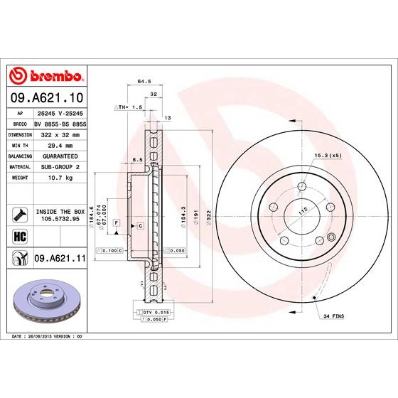 Слика на кочионен диск BREMBO COATED DISC LINE 09.A621.11 за Mercedes E-class Convertible (a207) E 300 (207.455) - 252 коњи бензин