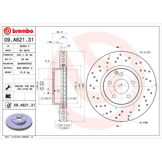 Слика на кочионен диск BREMBO COATED DISC LINE 09.A621.31 за Mercedes C-class Estate (s204) C 300 - 231 коњи бензин