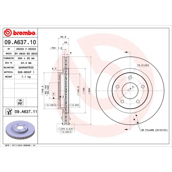 Слика на кочионен диск BREMBO COATED DISC LINE 09.A637.11 за Jeep Patriot 2.4 - 170 коњи бензин