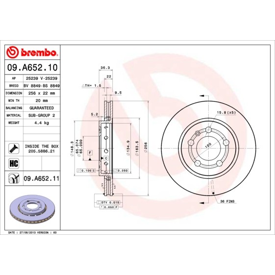 Слика на кочионен диск BREMBO COATED DISC LINE 09.A652.11 за Audi TT (8N3) 1.8 T quattro - 224 коњи бензин