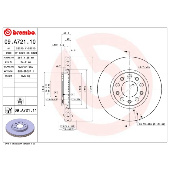 Слика на Кочионен диск BREMBO COATED DISC LINE 09.A721.11