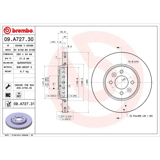 Слика на кочионен диск BREMBO COATED DISC LINE 09.A727.31 за Dacia Dokker 1.6 - 102 коњи бензин