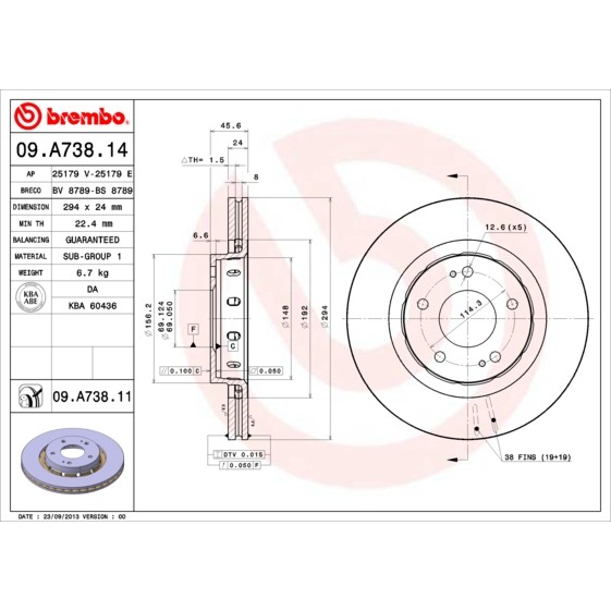 Слика на кочионен диск BREMBO COATED DISC LINE 09.A738.11 за Mitsubishi Outlander (CU) 2.0 (CU2W) - 136 коњи бензин