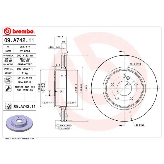 Слика на кочионен диск BREMBO COATED DISC LINE 09.A742.11 за Mercedes CLK (c208) 55 AMG (208.374) - 347 коњи бензин