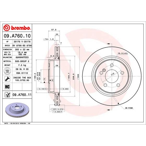 Слика на кочионен диск BREMBO COATED DISC LINE 09.A760.11 за Mercedes E-class Convertible (a207) E 300 (207.455) - 252 коњи бензин