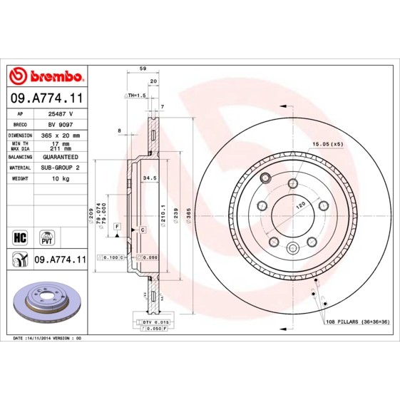 Слика на кочионен диск BREMBO COATED DISC LINE 09.A774.11 за Range Rover Sport (LS) 5.0 V8 4x4 - 506 коњи бензин