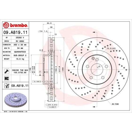 Слика на кочионен диск BREMBO COATED DISC LINE 09.A819.11 за Mercedes S-class Saloon (w221) S 500 CGI  4-matic (221.094, 221.194) - 435 коњи бензин