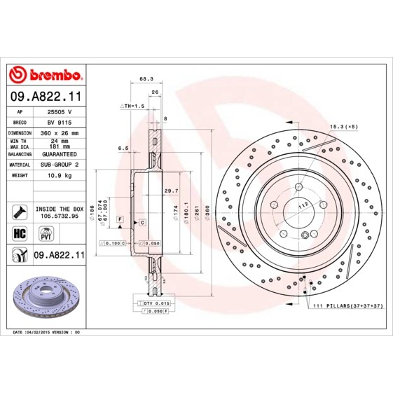 Слика на кочионен диск BREMBO COATED DISC LINE 09.A822.11 за Mercedes E-class Estate (s212) E 63 AMG (212.275) - 585 коњи бензин