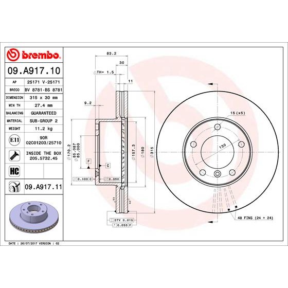 Слика на кочионен диск BREMBO COATED DISC LINE 09.A917.11 за Mercedes G-class Cabrio (w463) 350 G Turbo-D (463.300) - 136 коњи дизел