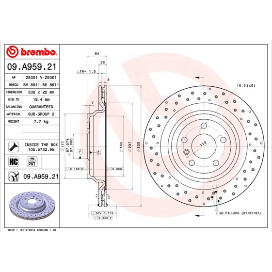 Слика на кочионен диск BREMBO COATED DISC LINE 09.A959.21 за Mercedes ML-class (w166) ML 350 BlueTEC 4-matic (166.024) - 258 коњи дизел