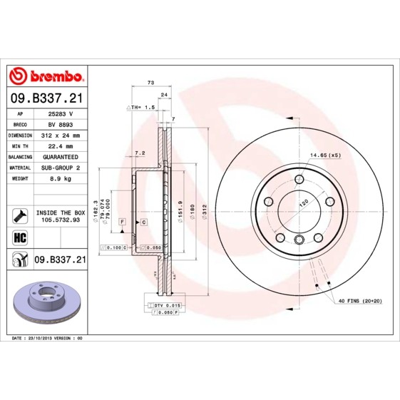 Слика на кочионен диск BREMBO COATED DISC LINE 09.B337.21 за BMW 3 Coupe E92 320 d xDrive - 184 коњи дизел