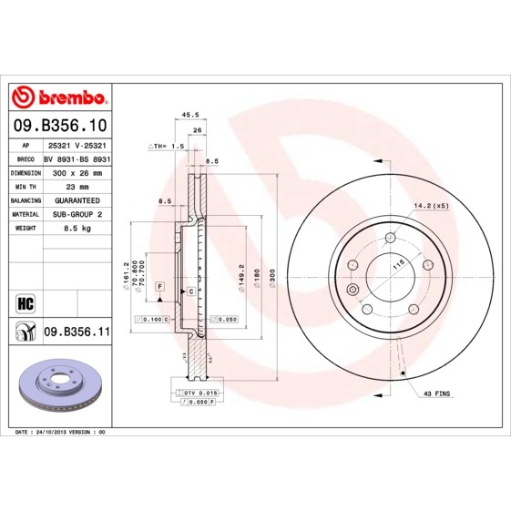 Слика на кочионен диск BREMBO COATED DISC LINE 09.B356.11 за Opel Astra J 1.7 CDTI - 110 коњи дизел