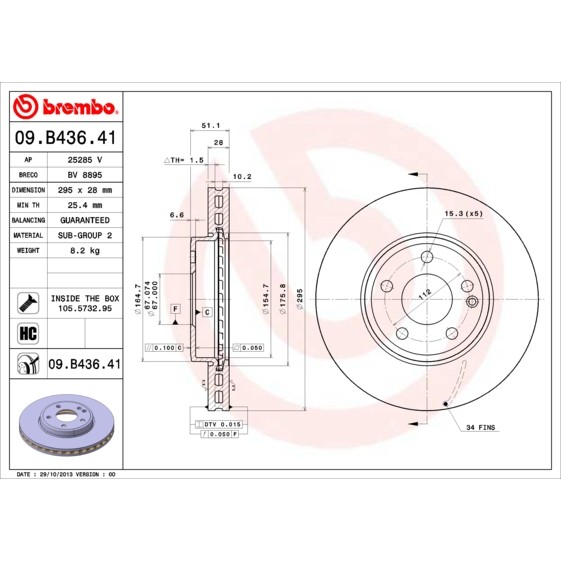 Слика на кочионен диск BREMBO COATED DISC LINE 09.B436.41 за Mercedes CLA Coupe (c117) CLA 220 CDI 4-matic (117.305) - 170 коњи дизел