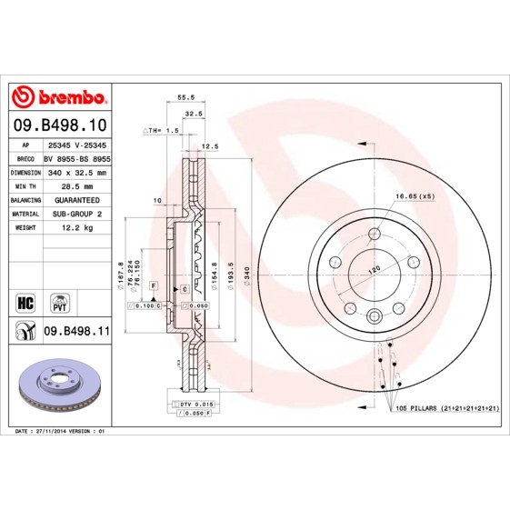 Слика на кочионен диск BREMBO COATED DISC LINE 09.B498.11 за VW Multivan 6 (SGF, SGM, SGN) 2.0 TDI 4motion - 204 коњи дизел