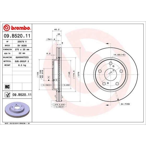 Слика на кочионен диск BREMBO COATED DISC LINE 09.B520.11 за Toyota RAV4 2.4 VVTi - 170 коњи бензин