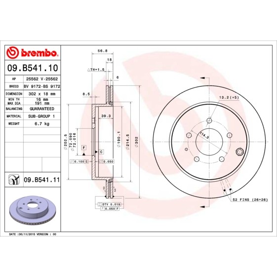 Слика на кочионен диск BREMBO COATED DISC LINE 09.B541.11 за Mazda CX-7 (ER) 2.3 AWD - 248 коњи бензин