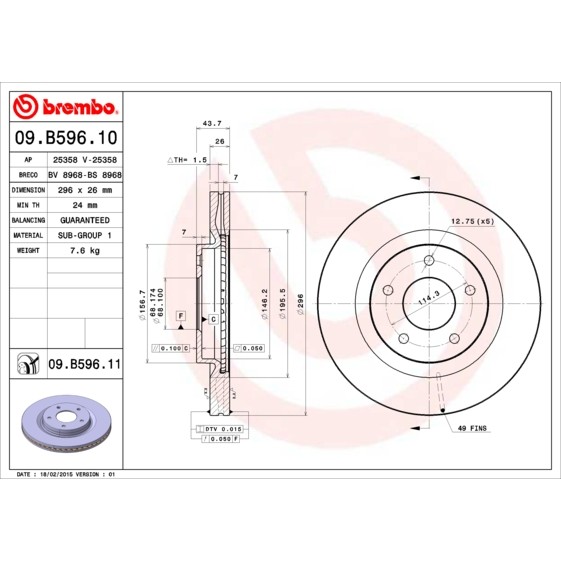 Слика на Кочионен диск BREMBO COATED DISC LINE 09.B596.11