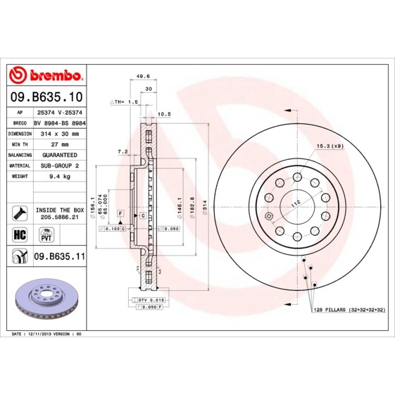 Слика на кочионен диск BREMBO COATED DISC LINE 09.B635.11 за Seat Alhambra (710) 2.0 TDI - 136 коњи дизел