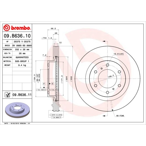 Слика на кочионен диск BREMBO COATED DISC LINE 09.B636.11 за Mitsubishi Shogun (V80,V90) 3.2 DI-D 4WD - 190 коњи дизел