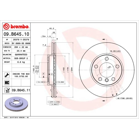 Слика на кочионен диск BREMBO COATED DISC LINE 09.B645.11 за Mini Countryman (R60) Cooper SD - 143 коњи дизел