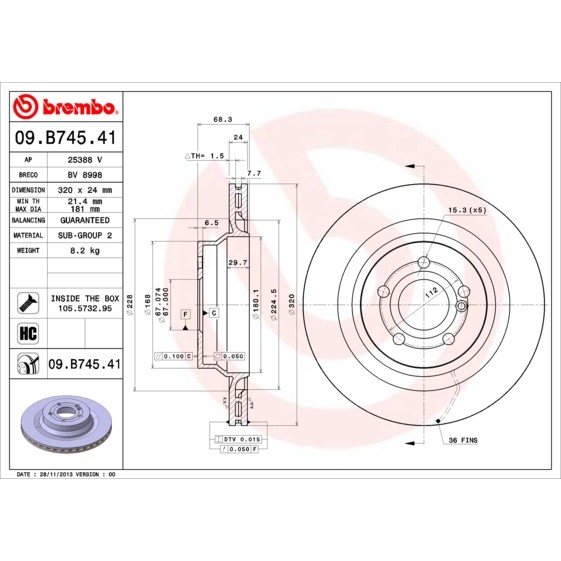 Слика на кочионен диск BREMBO COATED DISC LINE 09.B745.41 за Mercedes E-class Estate (s212) E 300 4-matic (212.280) - 252 коњи бензин