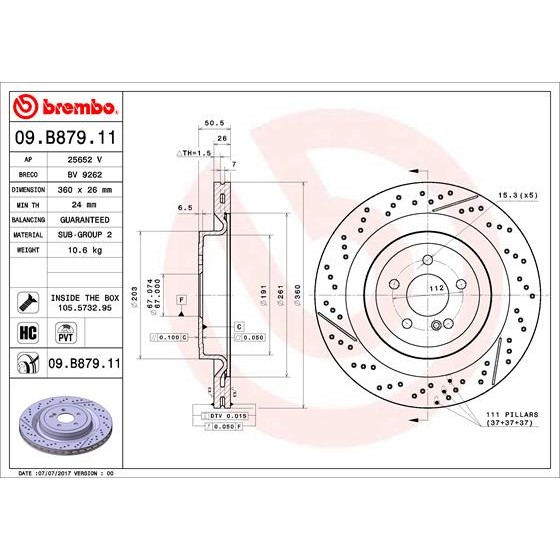 Слика на кочионен диск BREMBO COATED DISC LINE 09.B879.11 за Mercedes S-Class Convertible (A217) AMG S 63 4-matic+ (217.488) - 612 коњи бензин