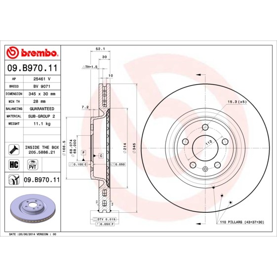 Слика на кочионен диск BREMBO COATED DISC LINE 09.B970.11 за Audi A4 Avant (8K5, B8) 2.0 TDI - 150 коњи дизел