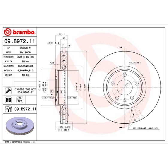 Слика на кочионен диск BREMBO COATED DISC LINE 09.B972.11 за Audi A4 Avant (8K5, B8) 2.0 TDI - 150 коњи дизел