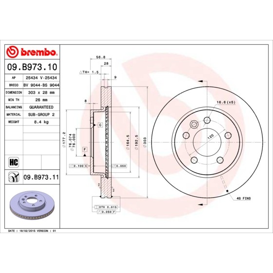 Слика на кочионен диск BREMBO COATED DISC LINE 09.B973.11 за VW Amarok Pickup 3.0 TDI 4motion - 163 коњи дизел