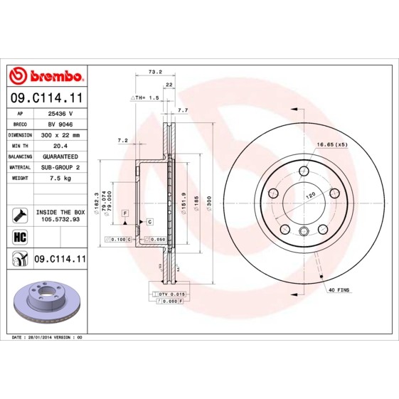 Слика на кочионен диск BREMBO COATED DISC LINE 09.C114.11 за BMW 3 Sedan F30 F35 F80 318 d xDrive - 143 коњи дизел