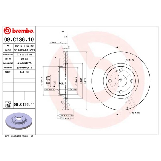 Слика на кочионен диск BREMBO COATED DISC LINE 09.C136.11 за Mazda MX-5 (NB) 1.8 - 146 коњи бензин