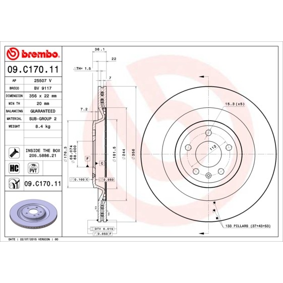 Слика на кочионен диск BREMBO COATED DISC LINE 09.C170.11 за Audi A7 Sportback (4GA) 3.0 TDI quattro - 313 коњи дизел