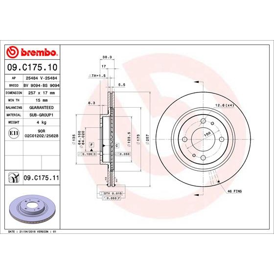 Слика на кочионен диск BREMBO COATED DISC LINE 09.C175.11 за Peugeot Ion Electric - 48 коњи електро