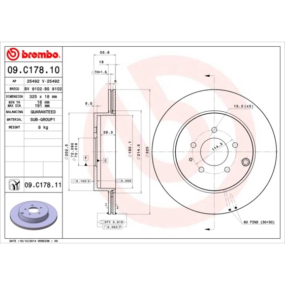 Слика на кочионен диск BREMBO COATED DISC LINE 09.C178.11 за Mazda CX-7 (ER) 2.3 AWD - 248 коњи бензин