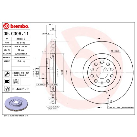 Слика на кочионен диск BREMBO COATED DISC LINE 09.C306.11 за Skoda Octavia Combi (5E5) 1.6 TDI - 110 коњи дизел