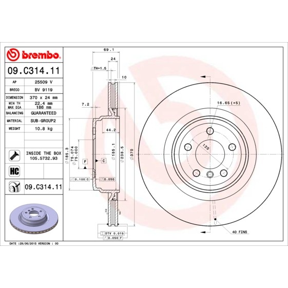 Слика на кочионен диск BREMBO COATED DISC LINE 09.C314.11 за BMW 5 GT F07 550 i xDrive - 408 коњи бензин