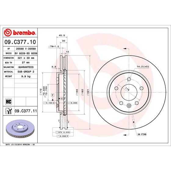 Слика на кочионен диск BREMBO COATED DISC LINE 09.C377.11 за Opel Astra J Sports Tourer 1.4 - 101 коњи бензин