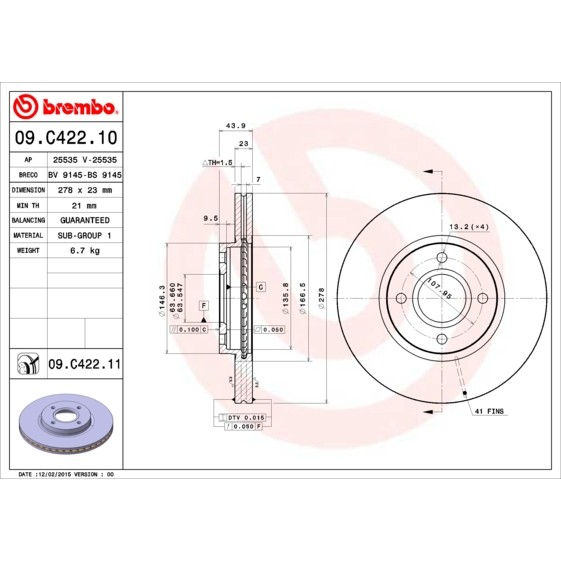 Слика на кочионен диск BREMBO COATED DISC LINE 09.C422.11 за Ford Transit Courier Box 1.5 TDCi - 95 коњи дизел