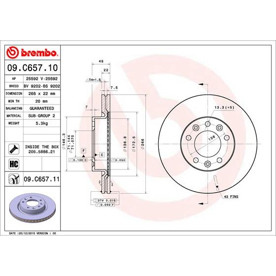 Слика на кочионен диск BREMBO COATED DISC LINE 09.C657.11 за Peugeot 308 (T9) 1.2 THP 110 - 110 коњи бензин