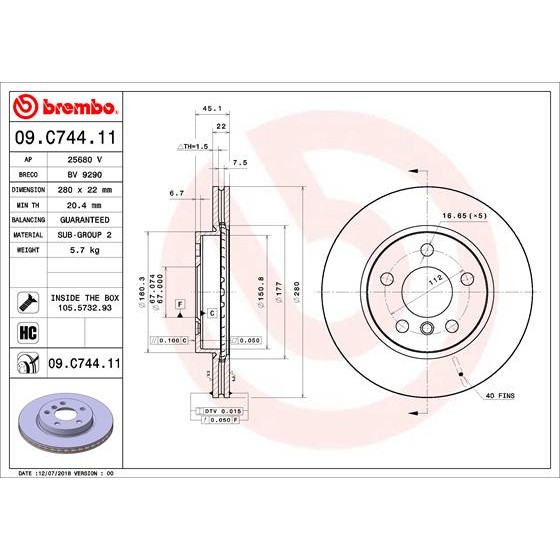 Слика на кочионен диск BREMBO COATED DISC LINE 09.C744.11 за Mini (F56) One First - 75 коњи бензин