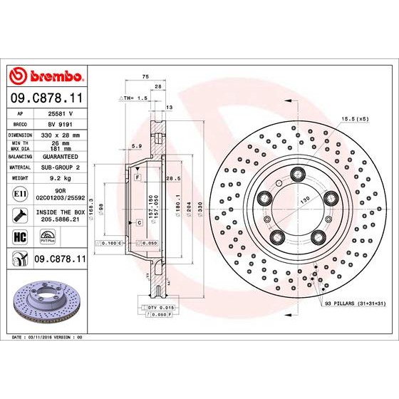 Слика на кочионен диск BREMBO COATED DISC LINE 09.C878.11 за Porsche 911 Convertible (997) 3.8 Carrera S - 385 коњи бензин