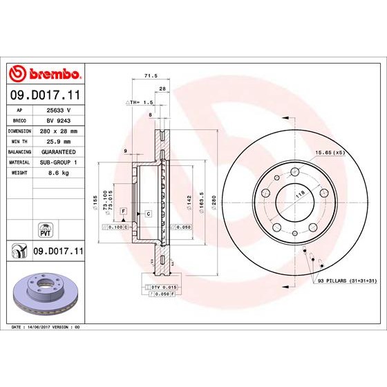 Слика на кочионен диск BREMBO COATED DISC LINE 09.D017.11 за Citroen Relay Platform BUS 2.2 HDi 150 - 150 коњи дизел