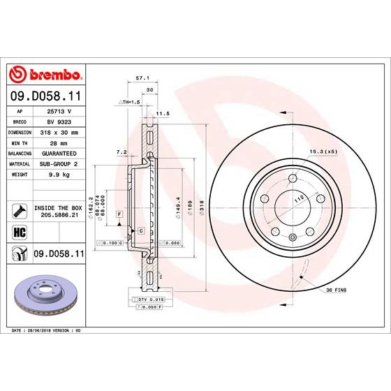 Слика на кочионен диск BREMBO COATED DISC LINE 09.D058.11 за Audi A5 (F53) 1.4 TFSI - 150 коњи бензин