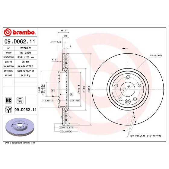 Слика на кочионен диск BREMBO COATED DISC LINE 09.D062.11 за Jaguar XE (x760) 2.0 D - 163 коњи дизел