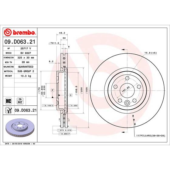 Слика на кочионен диск BREMBO COATED DISC LINE 09.D063.21 за Jaguar F-Pace (X761) 3.0 D AWD - 300 коњи дизел