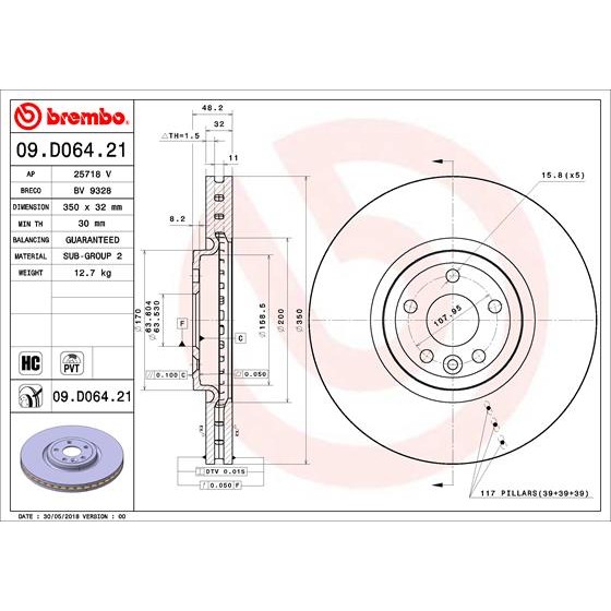 Слика на кочионен диск BREMBO COATED DISC LINE 09.D064.21 за Jaguar F-Pace (X761) 3.0 D AWD - 300 коњи дизел